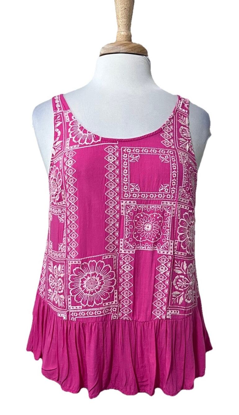 Savanna Jane Women's M Hot Pink Embroidered Boho Baby Doll Tank Top